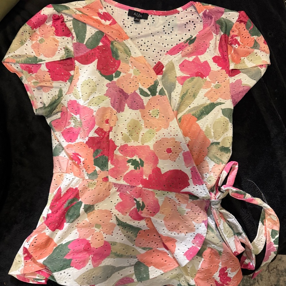 AUW Floral Eyelet Wrap Blouse - Pink, Green, and Orange